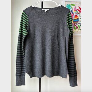 Autumn Cashmere Gray Sweater with Green and Black Striped Sleeves - Size S
